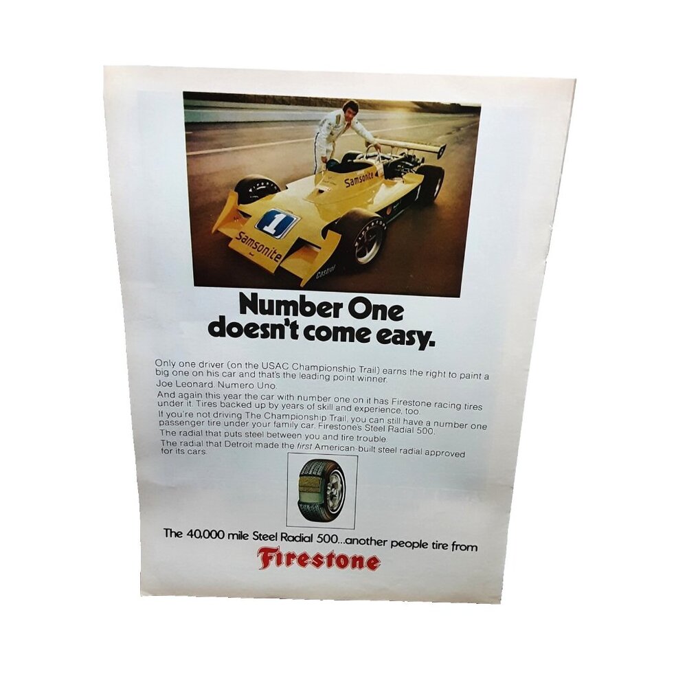 1973 Firestone Joe Leonard Racing USAC Champion Trail Original Print Ad